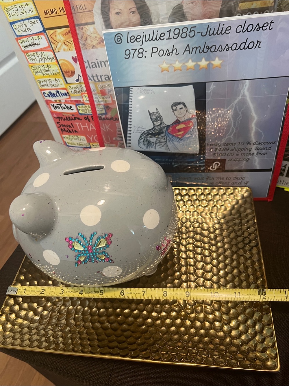 #2919**”7x8”Gray Polka Dot Piggy Bank with Rhinestone Butterfly - Picture 5 of 17
